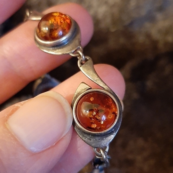 Vintage Amber Sterling Silver Bracelet 7.5" Art Nouveau Honey Unique Artsy Earth - Picture 2 of 8